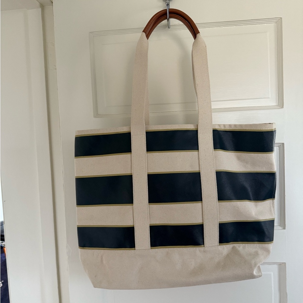 Striped Canvas Tote Bag with leather Handles